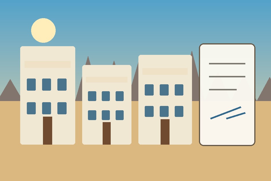 An original illustration of modern apartments in Oman with a property contract