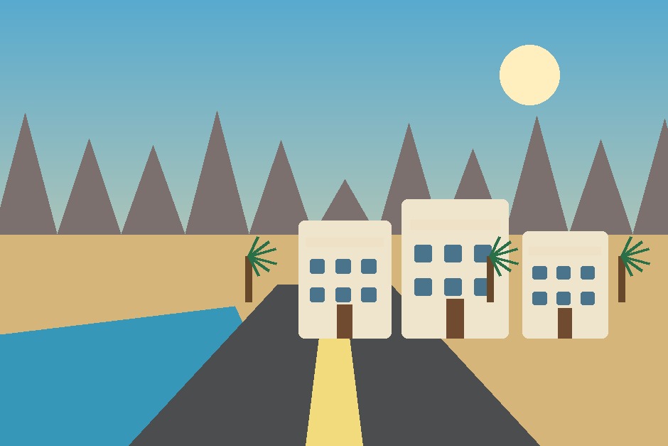 An original illustration comparing coastal, urban and mountain-side property locations in Muscat