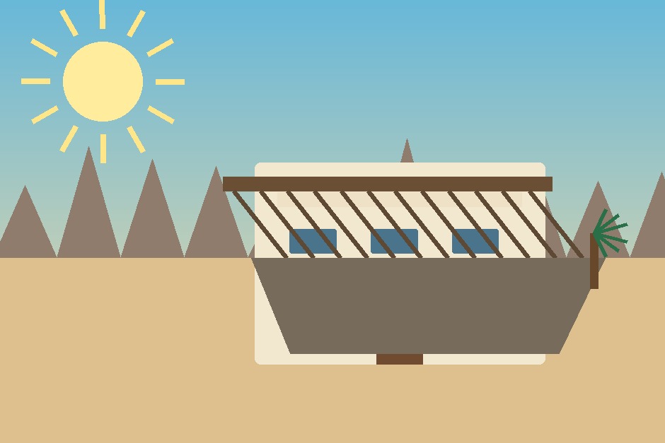 An original illustration showing sunlight, shade and building orientation for an Omani home