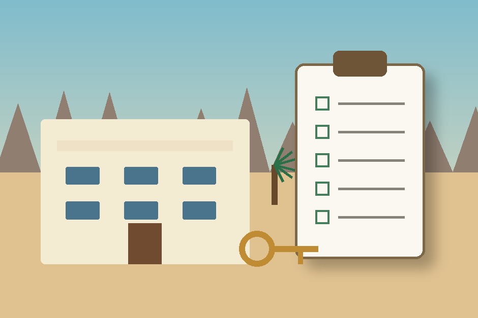 An original illustration of an Omani rental home with a checklist and house key