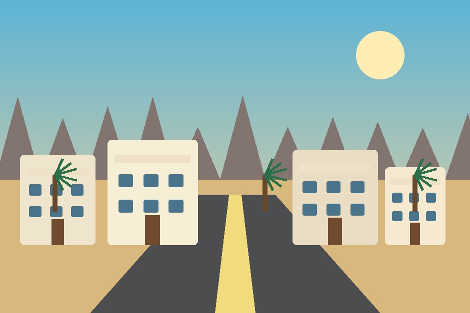 A panoramic illustration of Muscat property districts, mountains and modern Omani homes